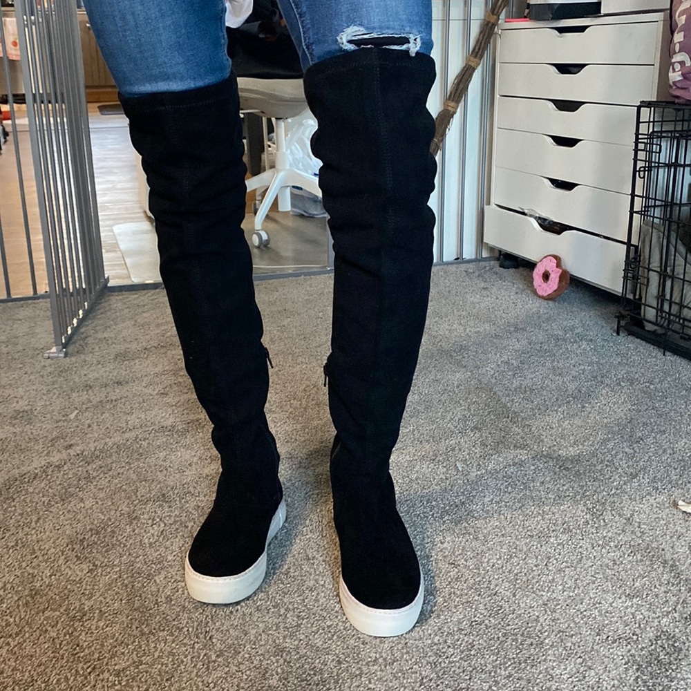J slides | flat over knee sneaker boots- black suede | Sz 5.5 | super retro!